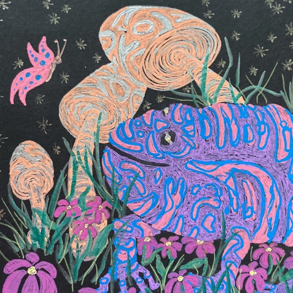 Unframed Original Art Gel Pen on Black Paper Cute Frog Drawing Illustration - Picture 3 of 5